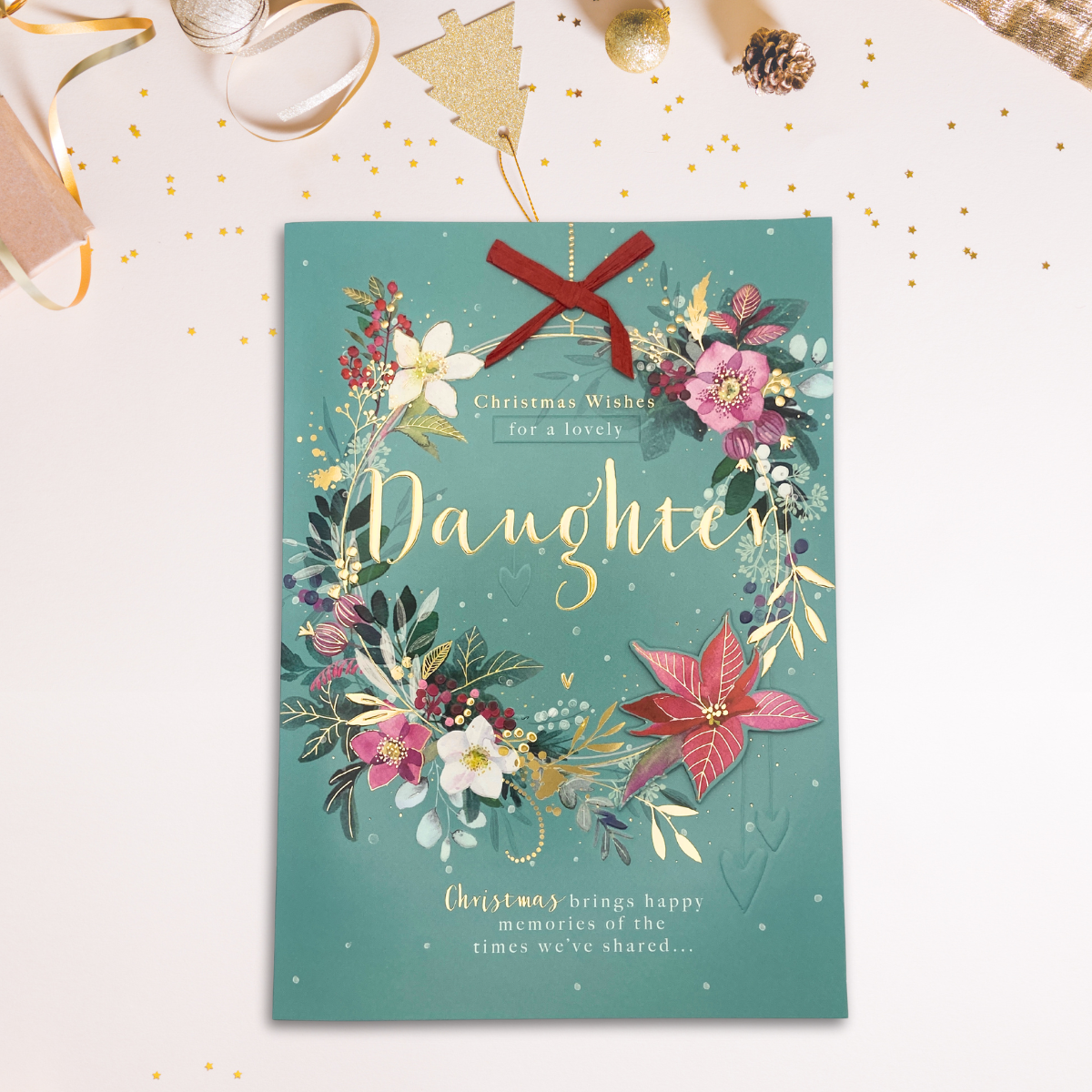 Daughter Large Christmas Card - Floral Wreath & Ribbon