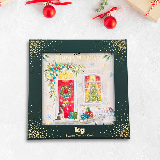 8 x Christmas Cards In Box - Awash With Colour Decorated Door