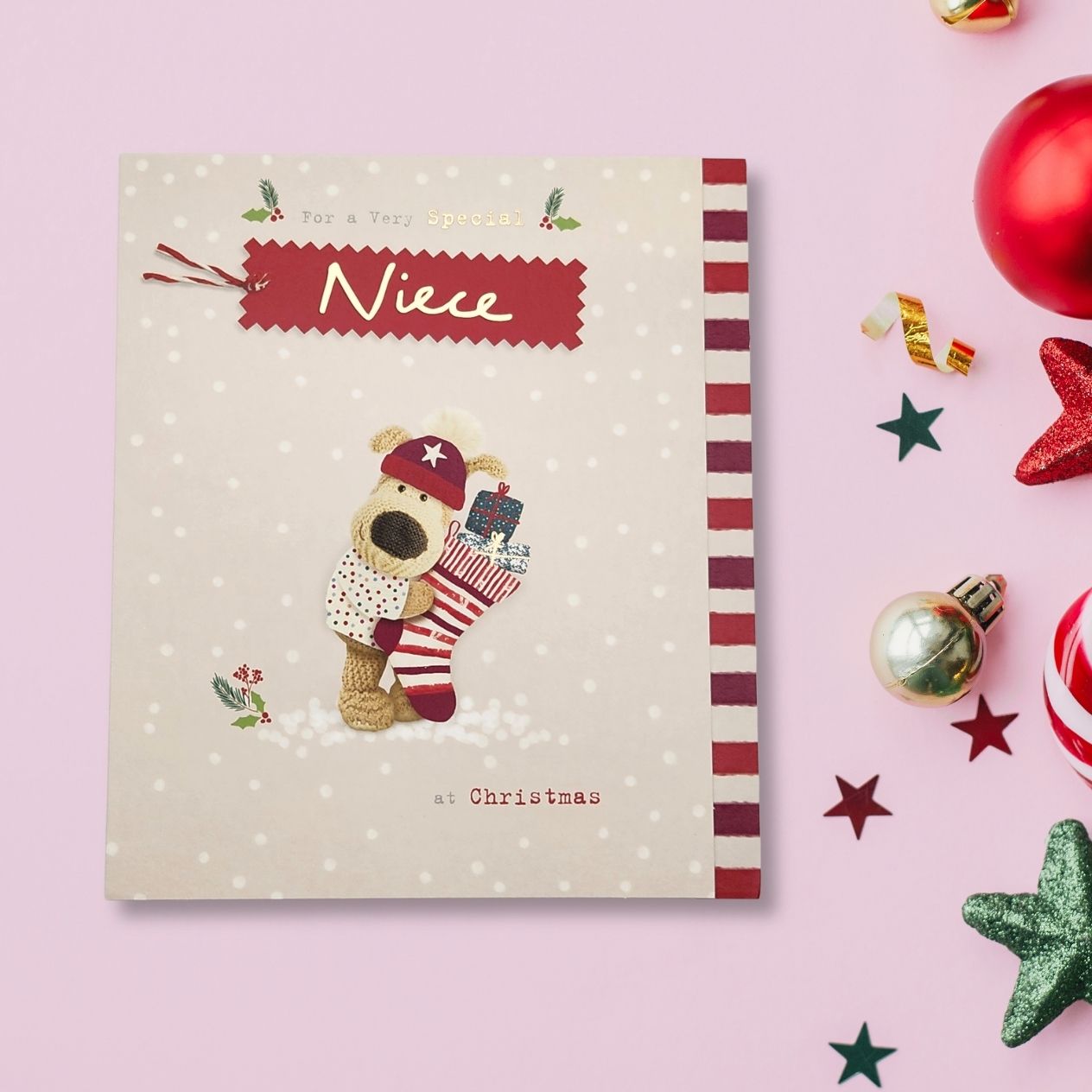 Niece Christmas Card - Boofle Bear & Stocking