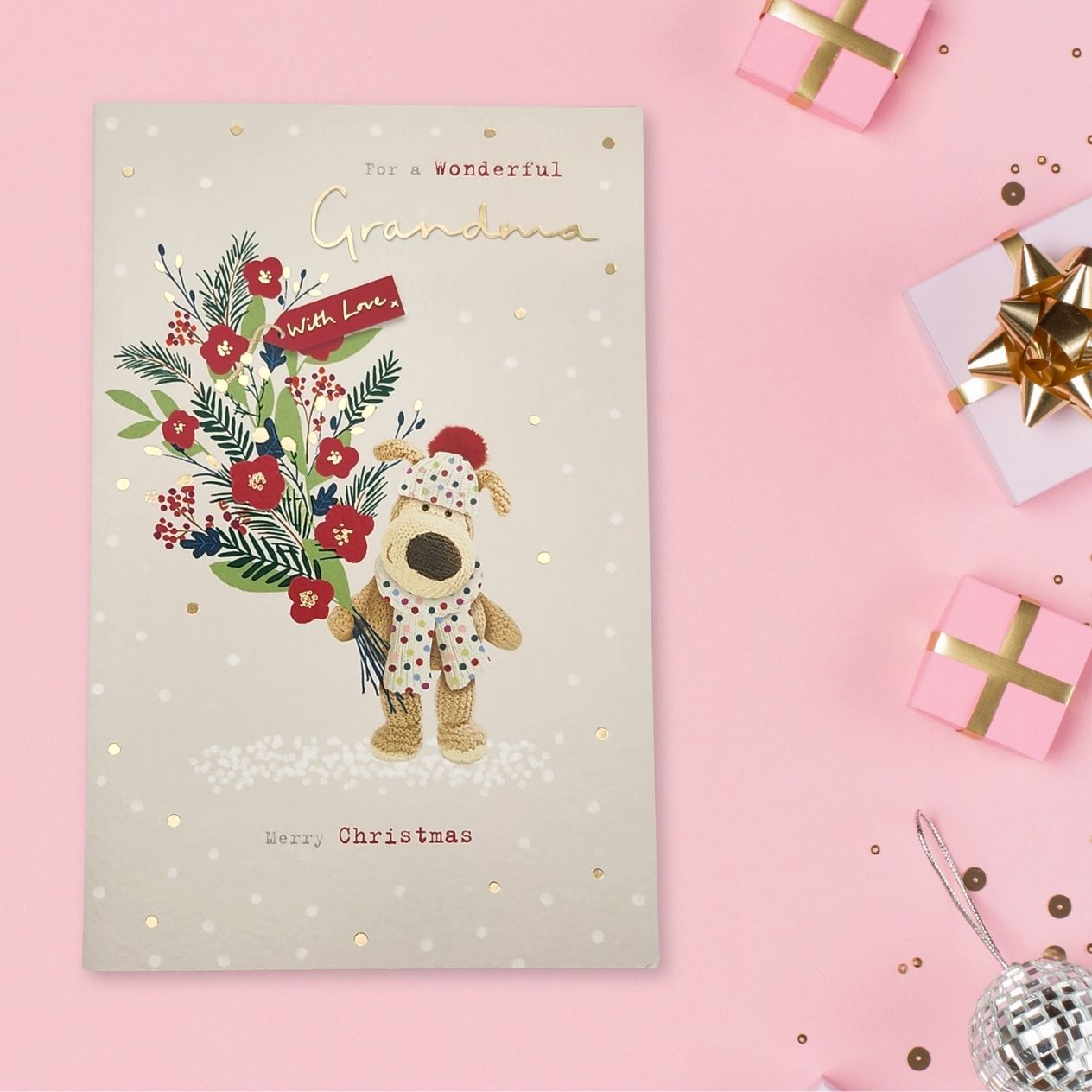 Grandma Christmas Card - Boofle Bear & Flowers