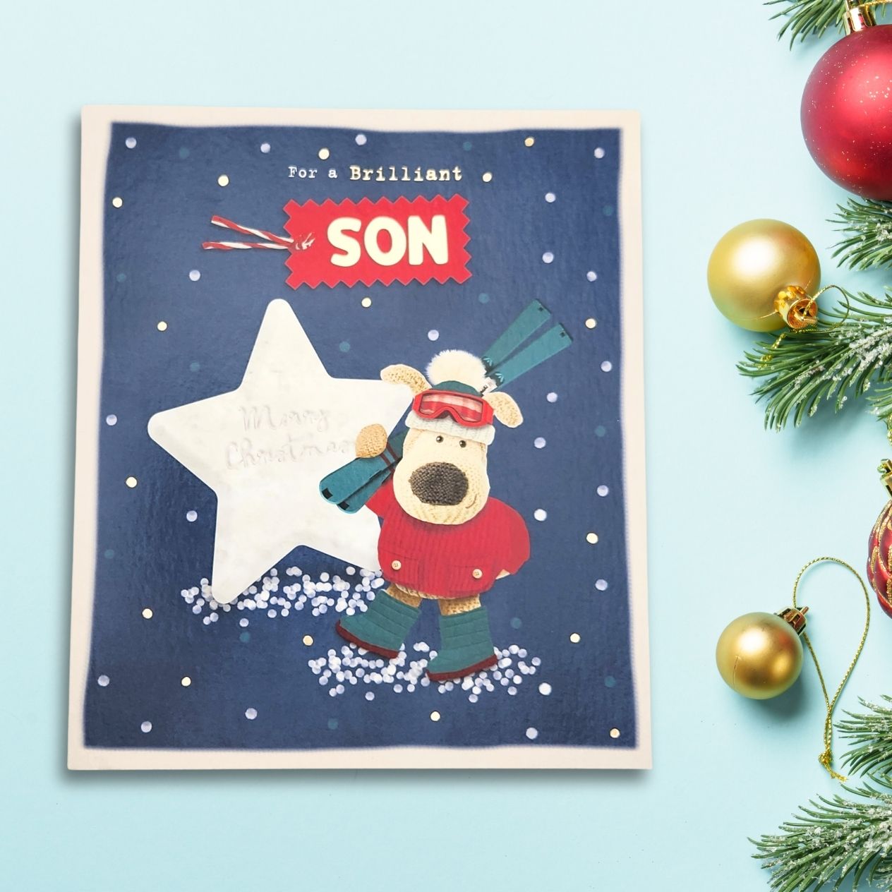 Son Christmas Card - Boofle Bear Skiing