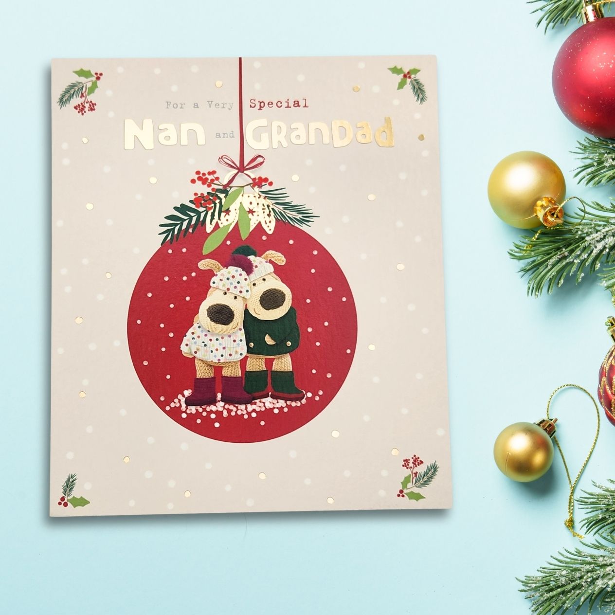 Nan & Grandad Christmas Card - Boofle Bear Bauble