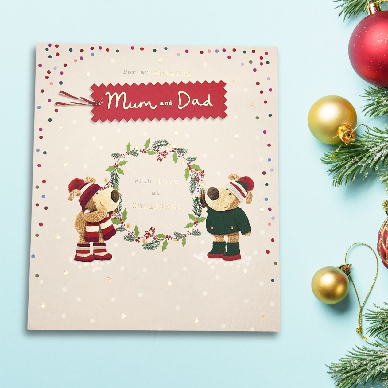 Mum & Dad Christmas Card - Boofle Bear Wreath