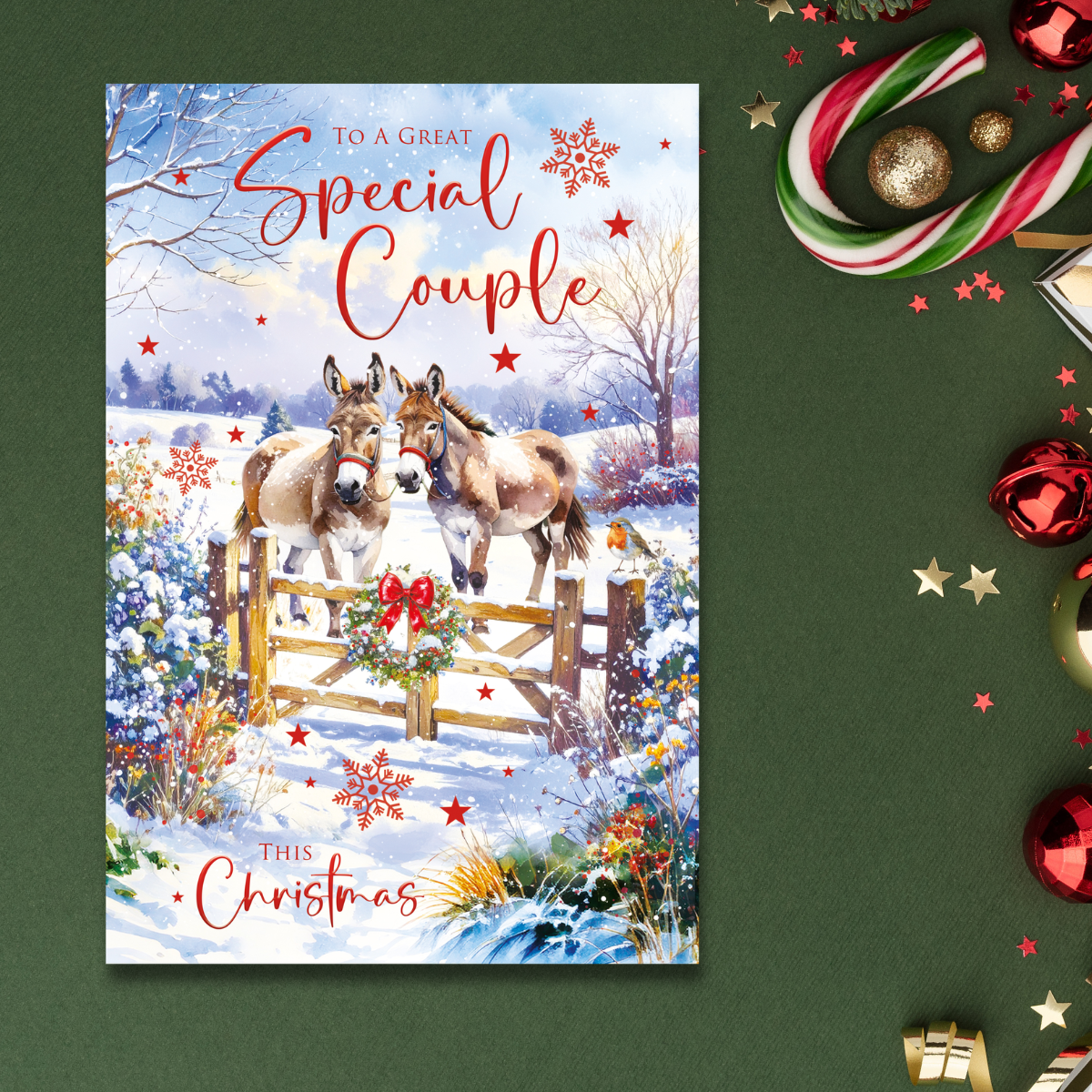 Special Couple Christmas Card - Snowy Donkeys