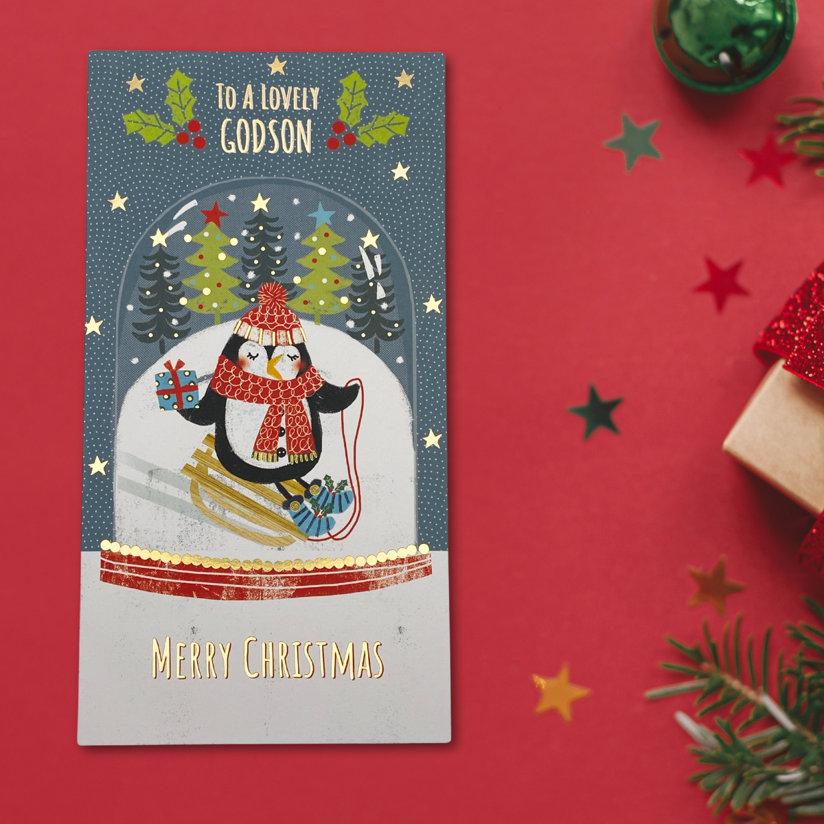 Godson Christmas Card - Skiing Penguin