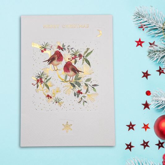 Open Christmas Card - Flower Press Robins On Branch