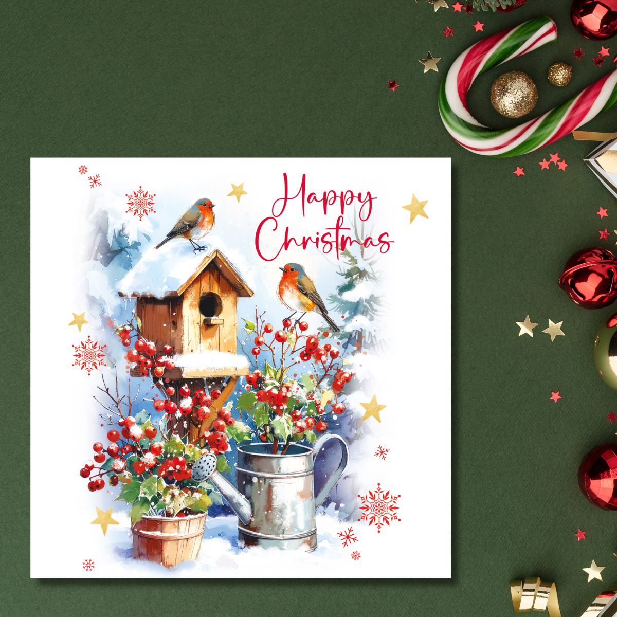 Open Christmas Card - Snowy Birdhouse