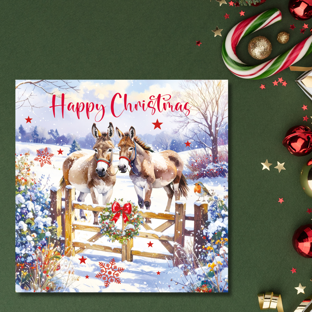 Open Christmas Card - Donkeys At The Gate