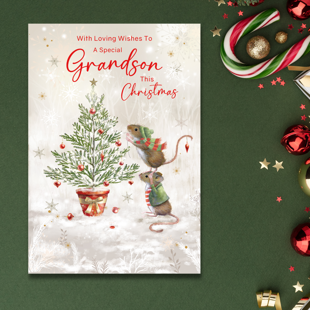 Grandson Christmas Card - Mice Decorating The Tree