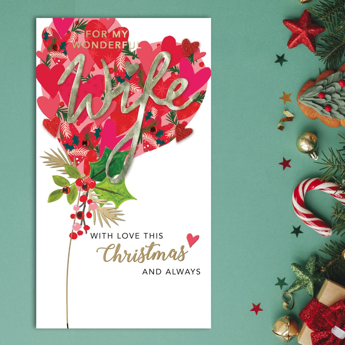 Wife Christmas Card - Red Heart Balloon Embellished