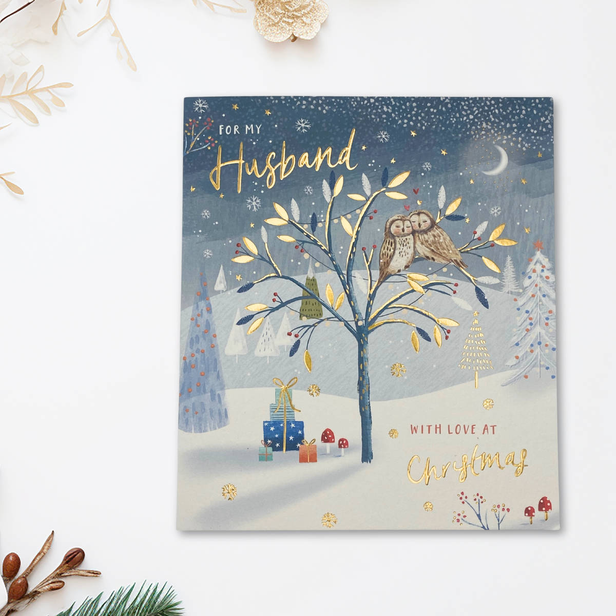 Husband Christmas Card - Owls In Tree