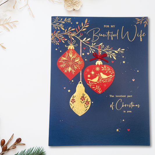 Wife Large Christmas Card - Red & Gold Baubles