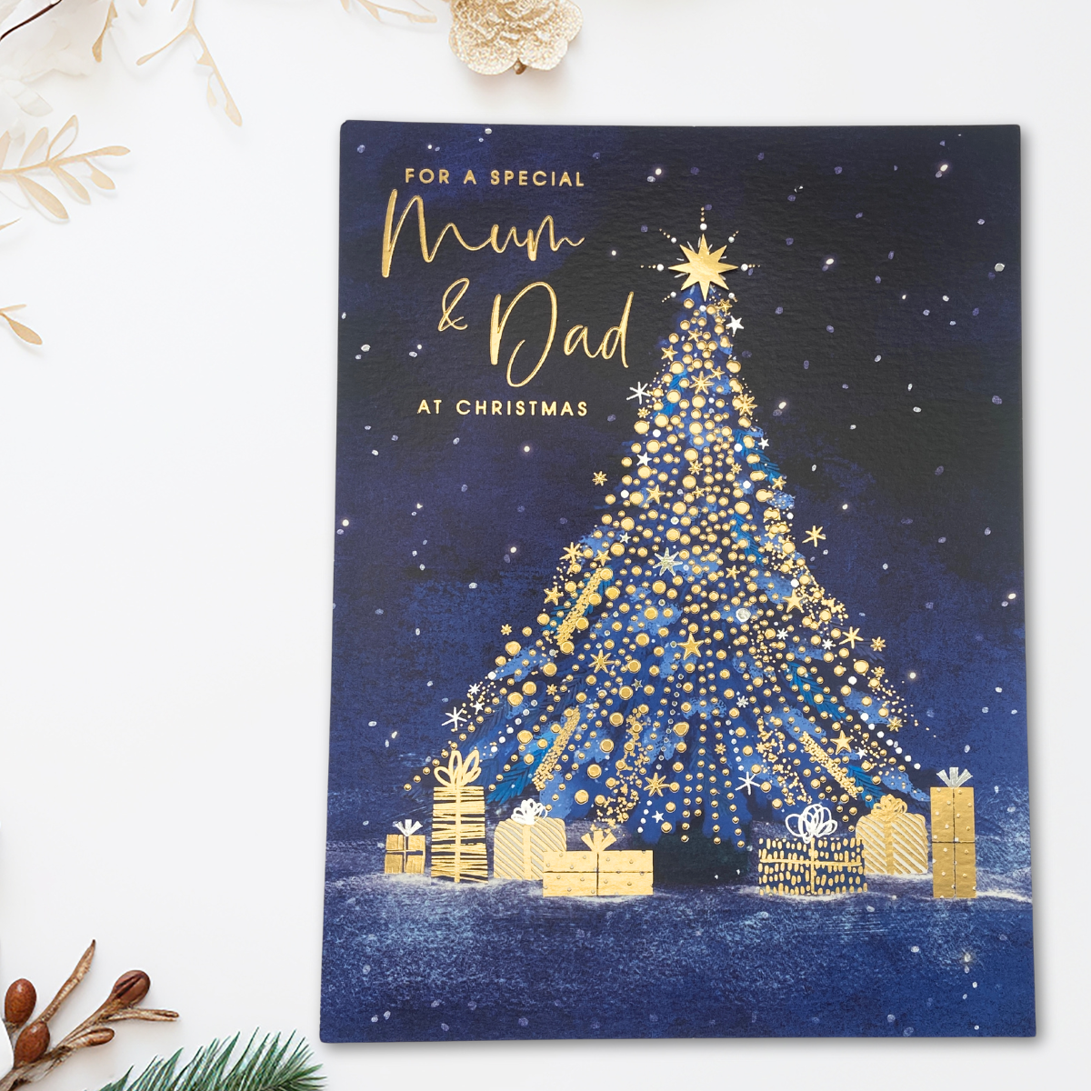 Mum & Dad Large Christmas Card - Gold Tree At Night