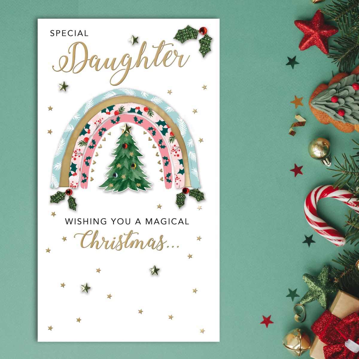 Daughter Christmas Card - Festive Rainbow Embellished