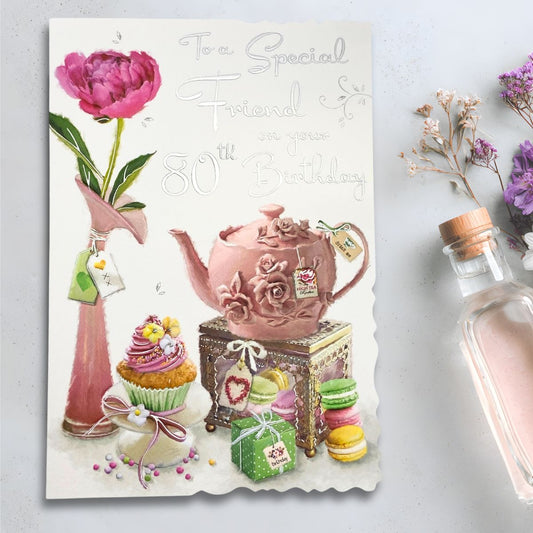 Friend 80th Birthday Card - Velvet Tea & Cakes