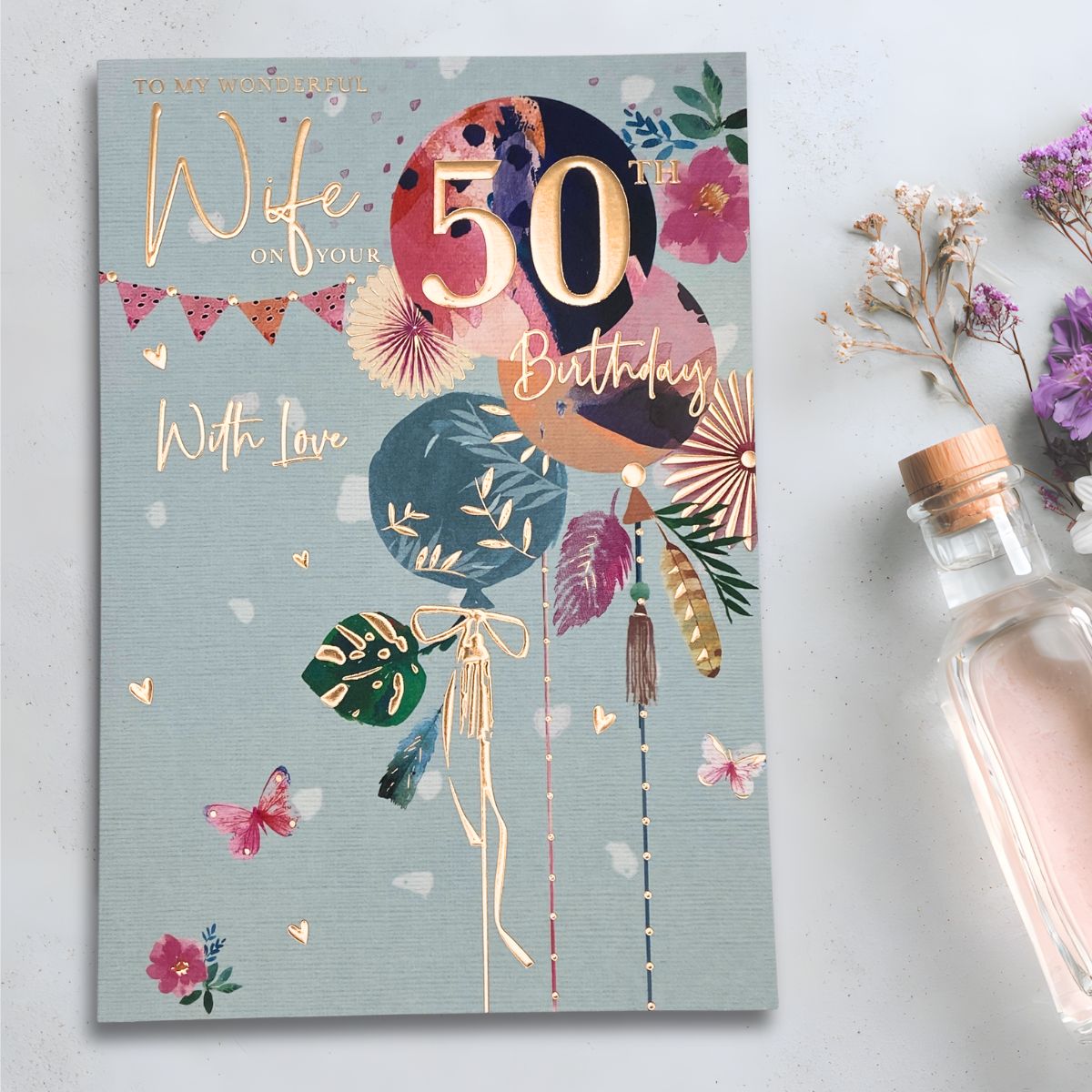 Wife 50th Birthday Card - Birthday Balloons