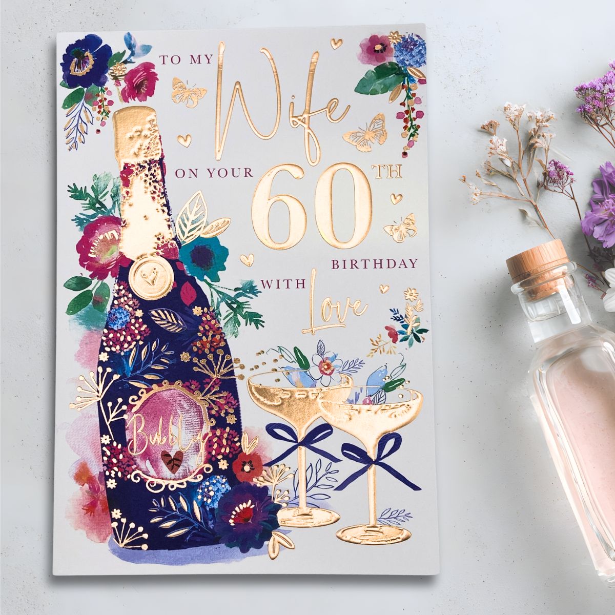Wife 60th Birthday Card - Birthday Bubbly