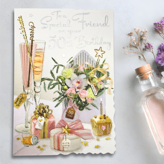 Friend 50th Birthday Card - Velvet Flutes & Cake