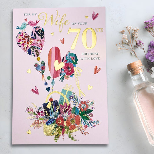 Wife 70th Birthday Card - Birthday Basket
