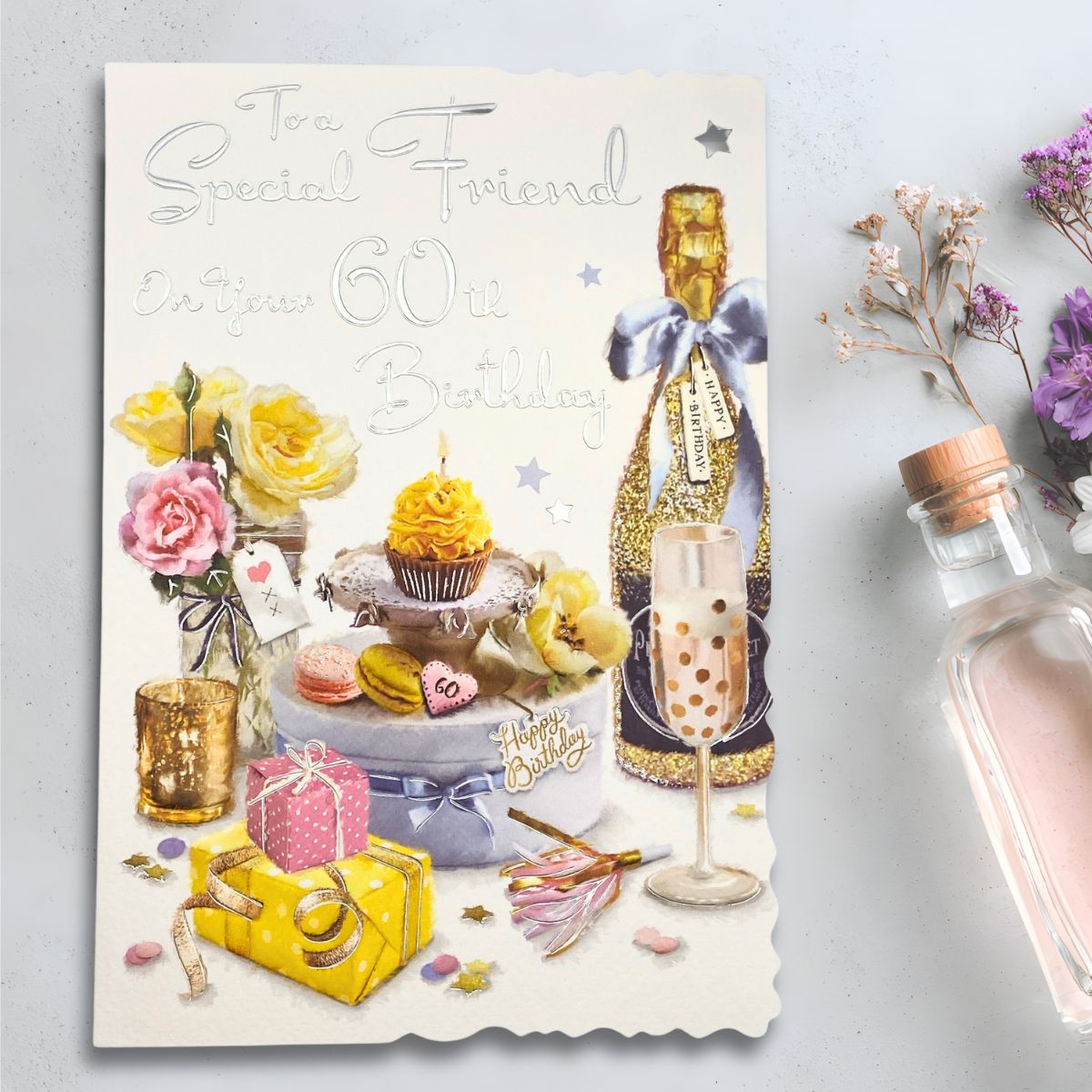 Friend 60th Birthday Card - Velvet Fizz, Flowers & Cake