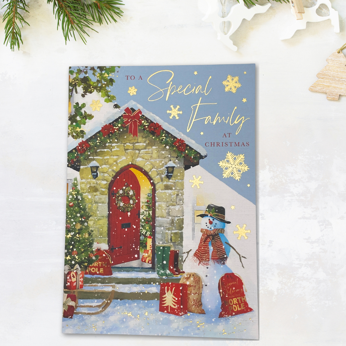 Special Family Christmas Card - Snowman & Red Door