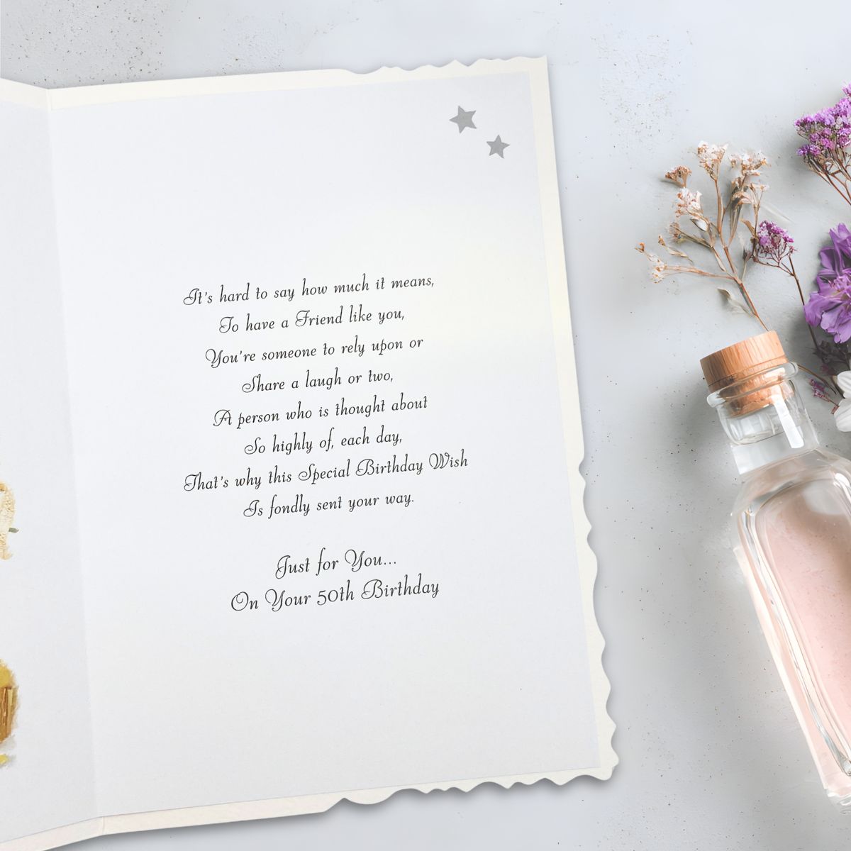 Friend 50th Birthday Card - Velvet Flutes & Cake