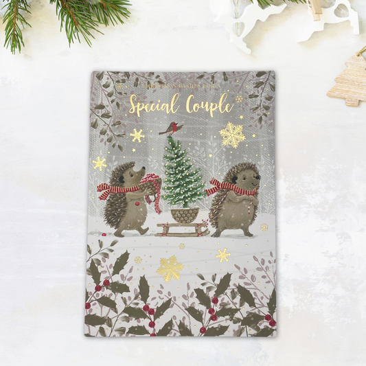 Special Couple Christmas Card - Hedgehogs Sledging