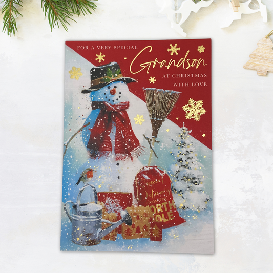 Grandson Christmas Card - Heritage Snowman & Gifts