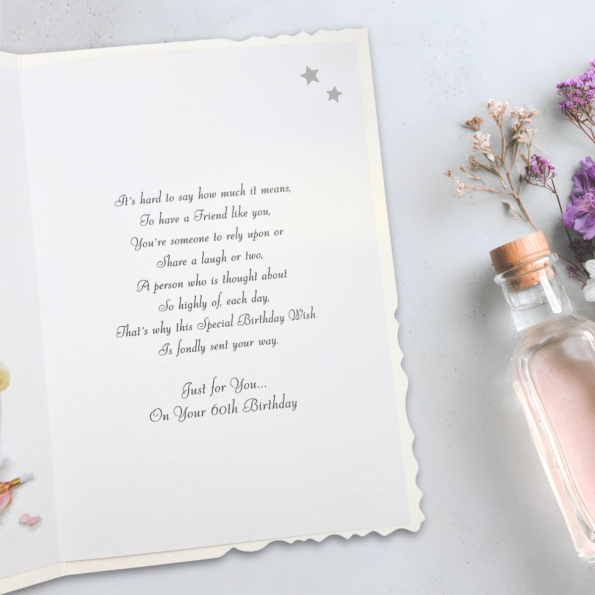 Friend 60th Birthday Card - Velvet Fizz, Flowers & Cake