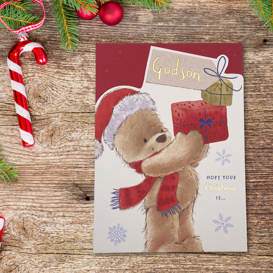 Godson Christmas Card - Nutmeg Bear & Gift