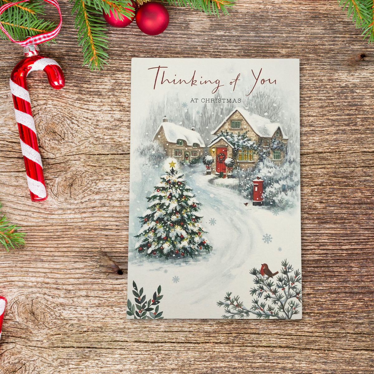 Thinking Of You Christmas Card - Snowy Village Scene