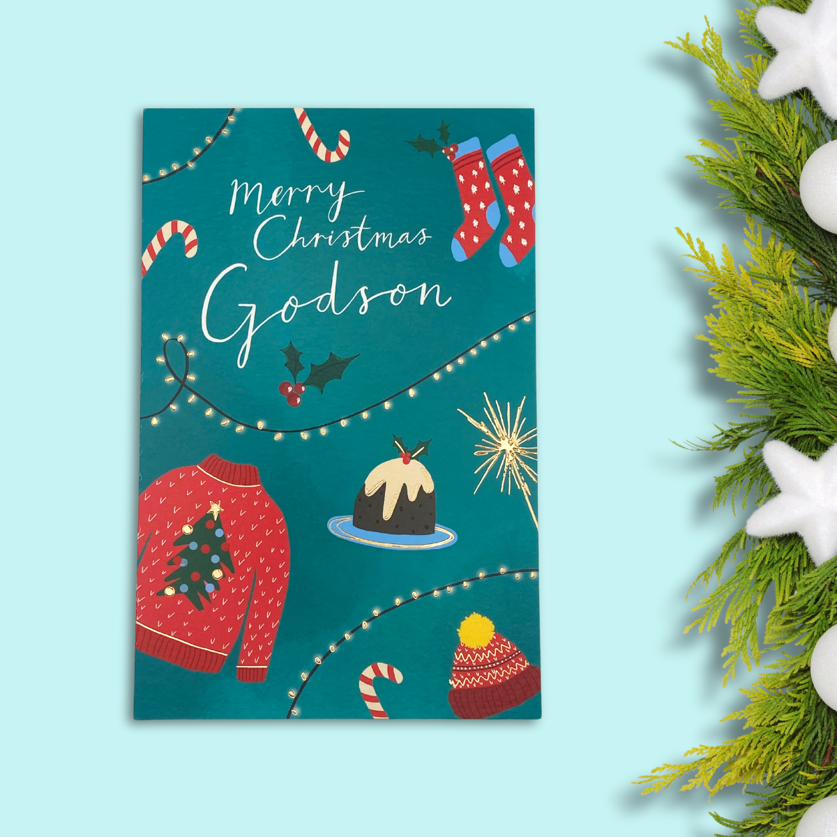 Godson Christmas Card - Christmas Jumper & Pudding