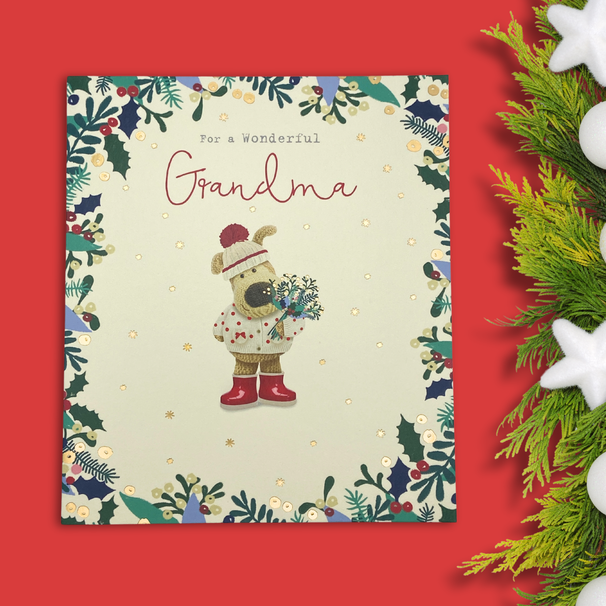 Grandma Christmas Card - Boofle Bear & Gift