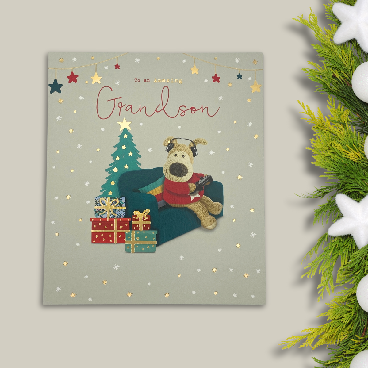 Grandson Christmas Card - Boofle Bear Gamer