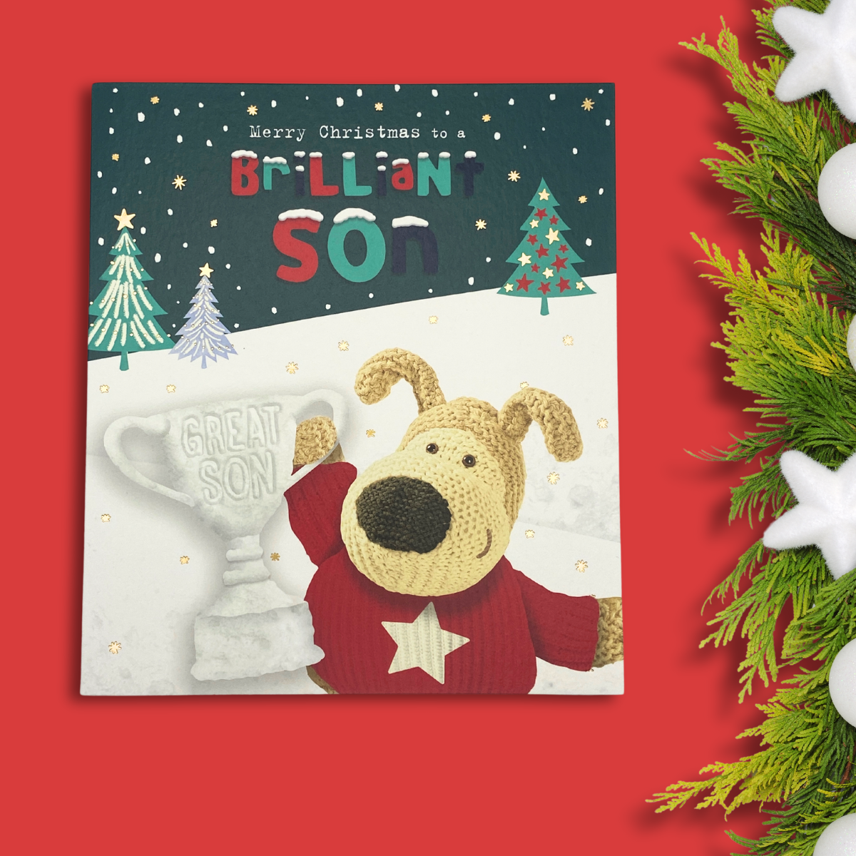 Son Christmas Card - Boofle Bear Trophy