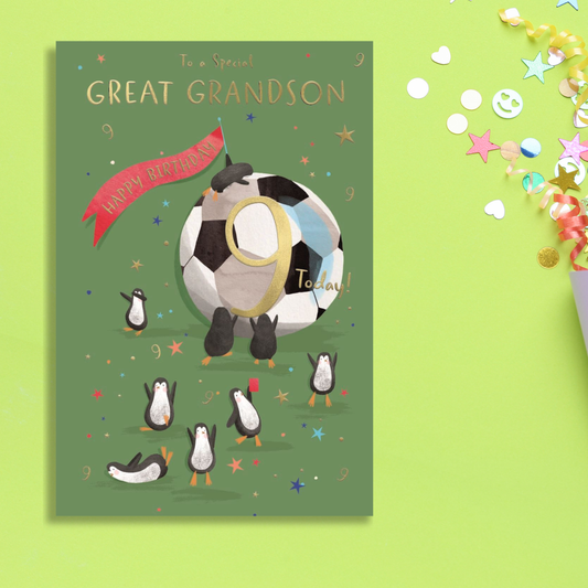 Great Grandson 9th Birthday Card - Football Penguins