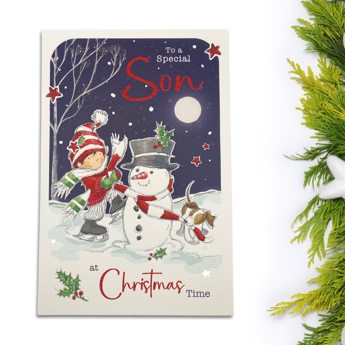 Son Christmas Card - Twilight Boy & Snowman