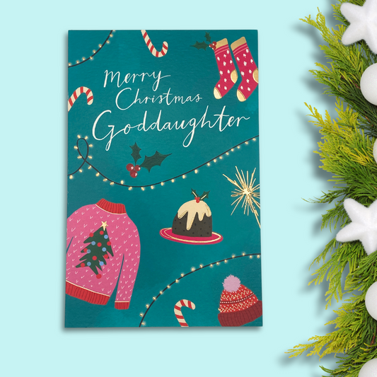 Goddaughter Christmas Card - Christmas Jumper & Pudding