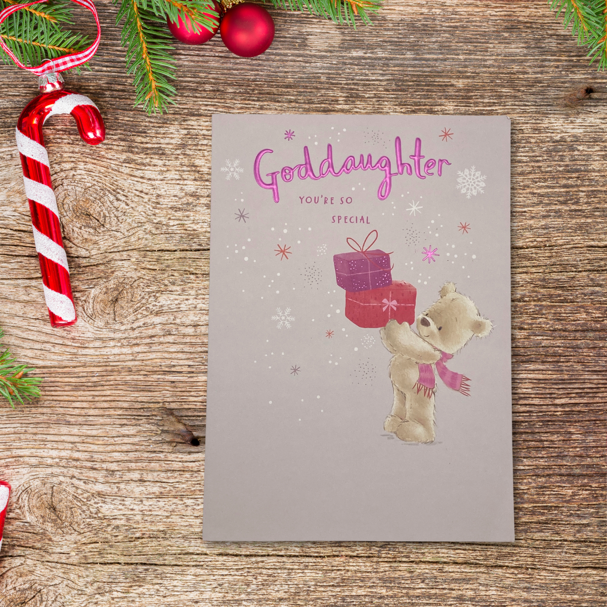 Goddaughter Christmas Card - Nutmeg Bear & Gift