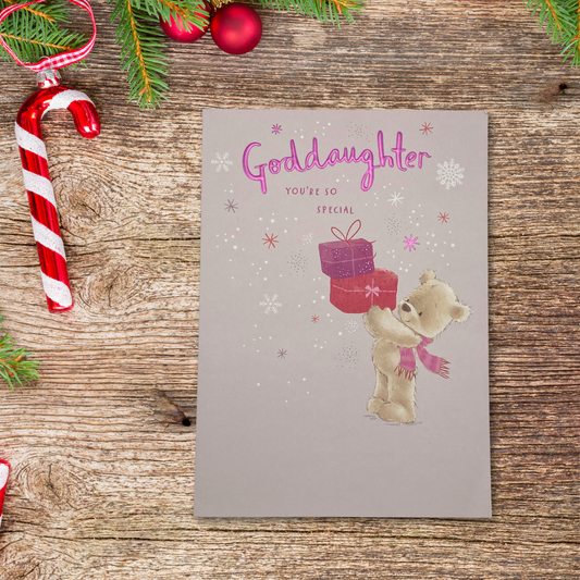 Goddaughter Christmas Card - Nutmeg Bear & Gift