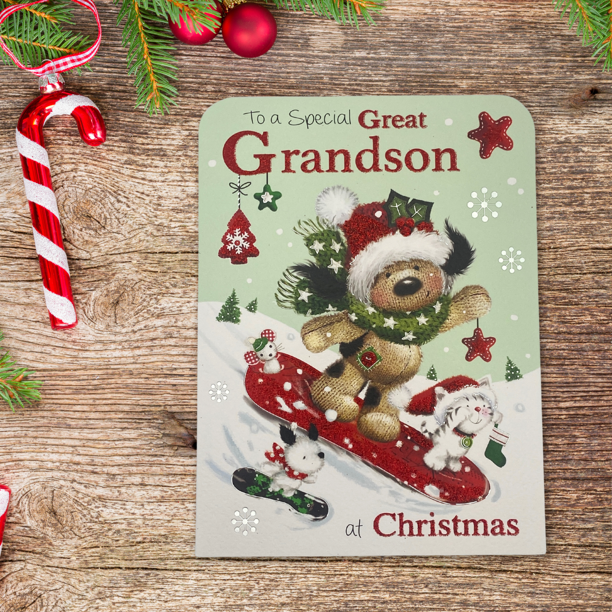 Great Grandson Christmas Card - Fudge & Friends