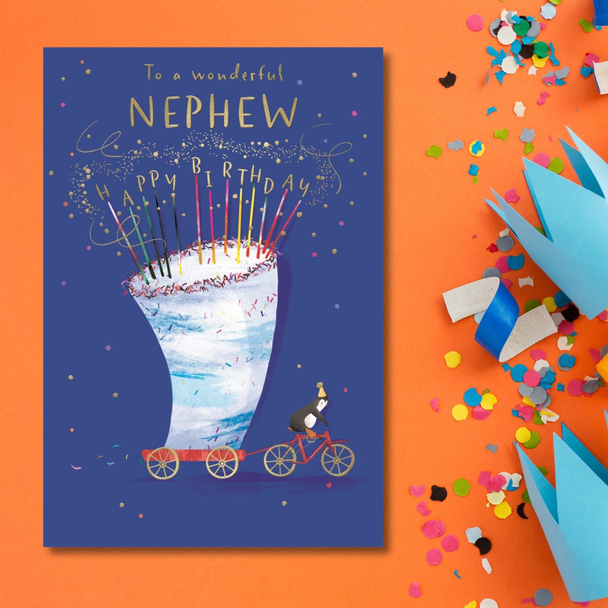 Nephew Birthday Card - Big World Little Things Penguin Cake