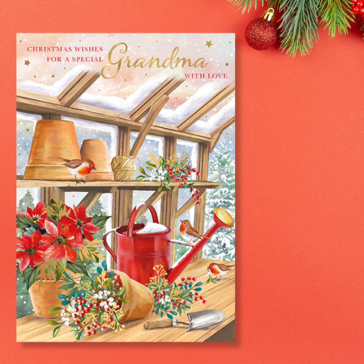 Grandma Christmas Card - Watering Can & Robin