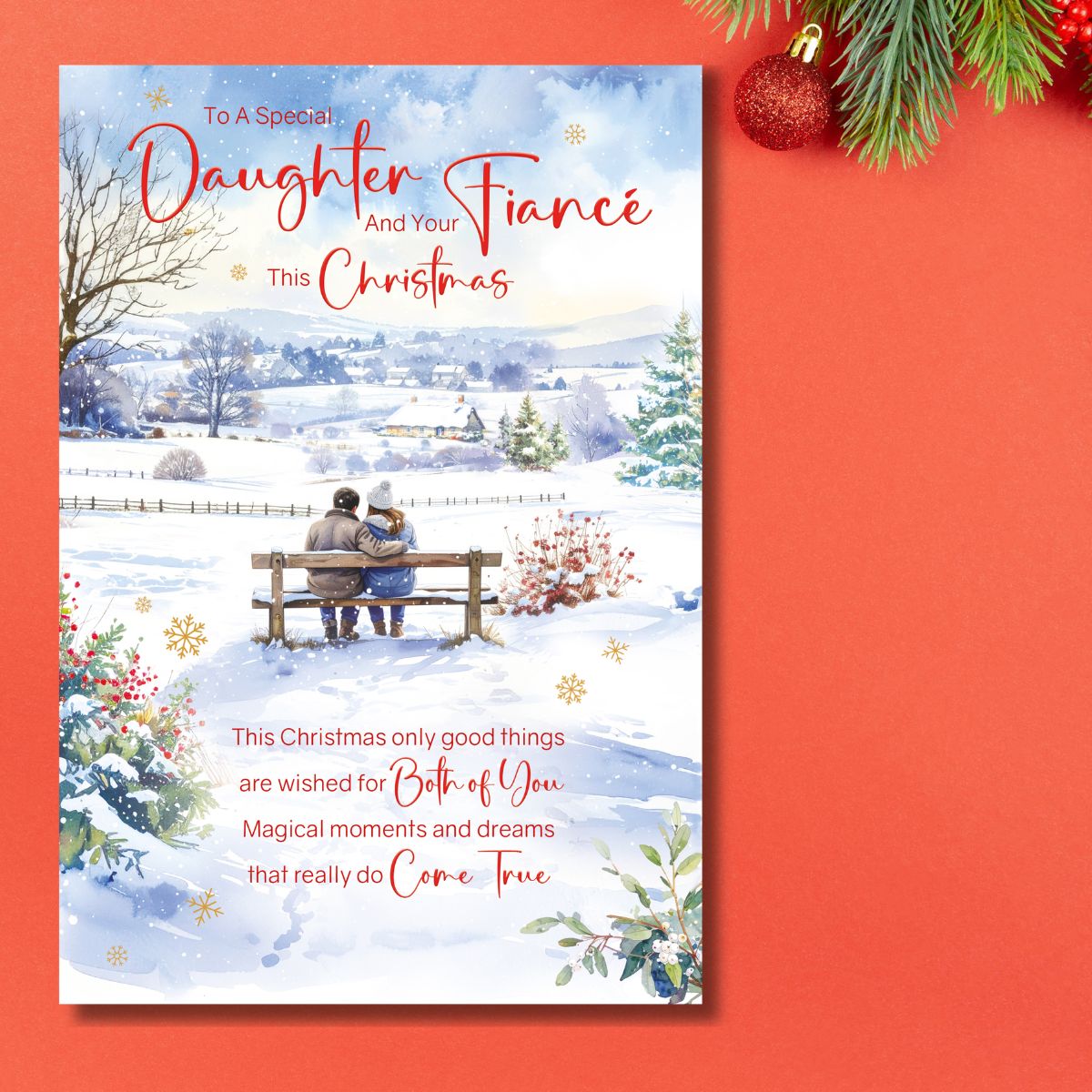 Daughter & Fiancé Christmas Card - Snowy Bench Embrace