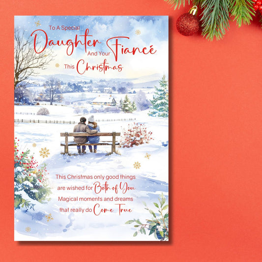 Daughter & Fiancé Christmas Card - Snowy Bench Embrace