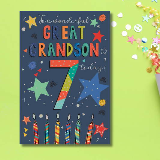 Great Grandson 7th Birthday Card - Stars