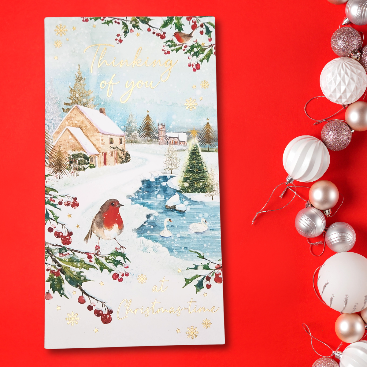 Thinking Of You Christmas Card - Robin & Swans