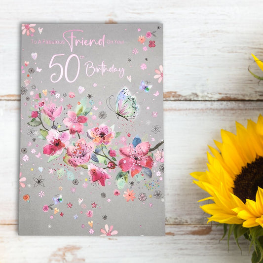 Friend 50th Birthday Card - Carnival Flower & Butterflies