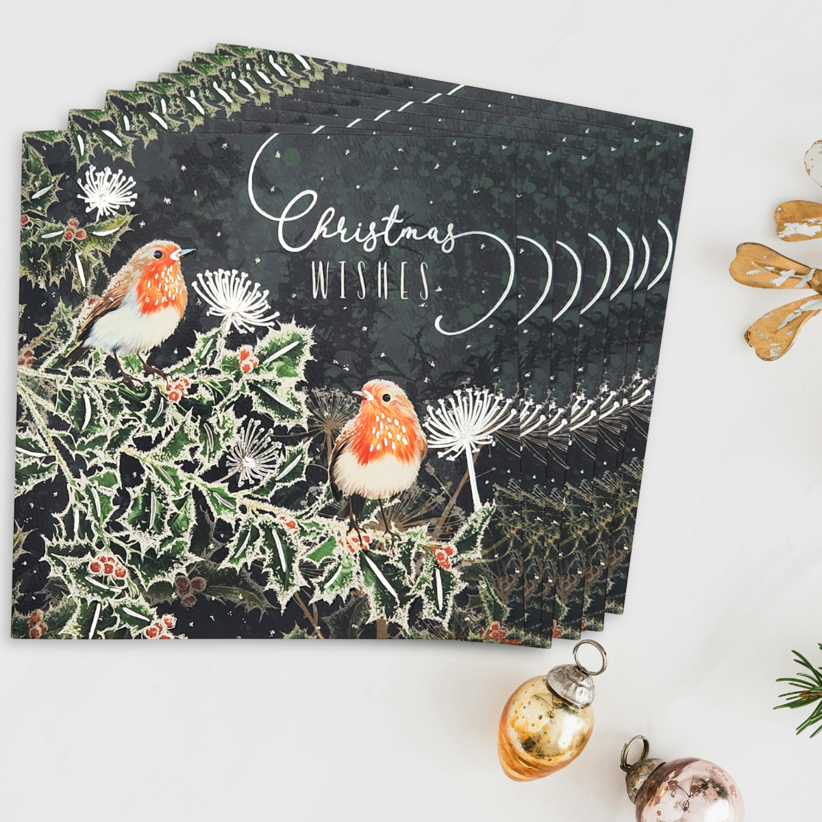 8 x Premium Christmas Cards In Box - Robin Wishes
