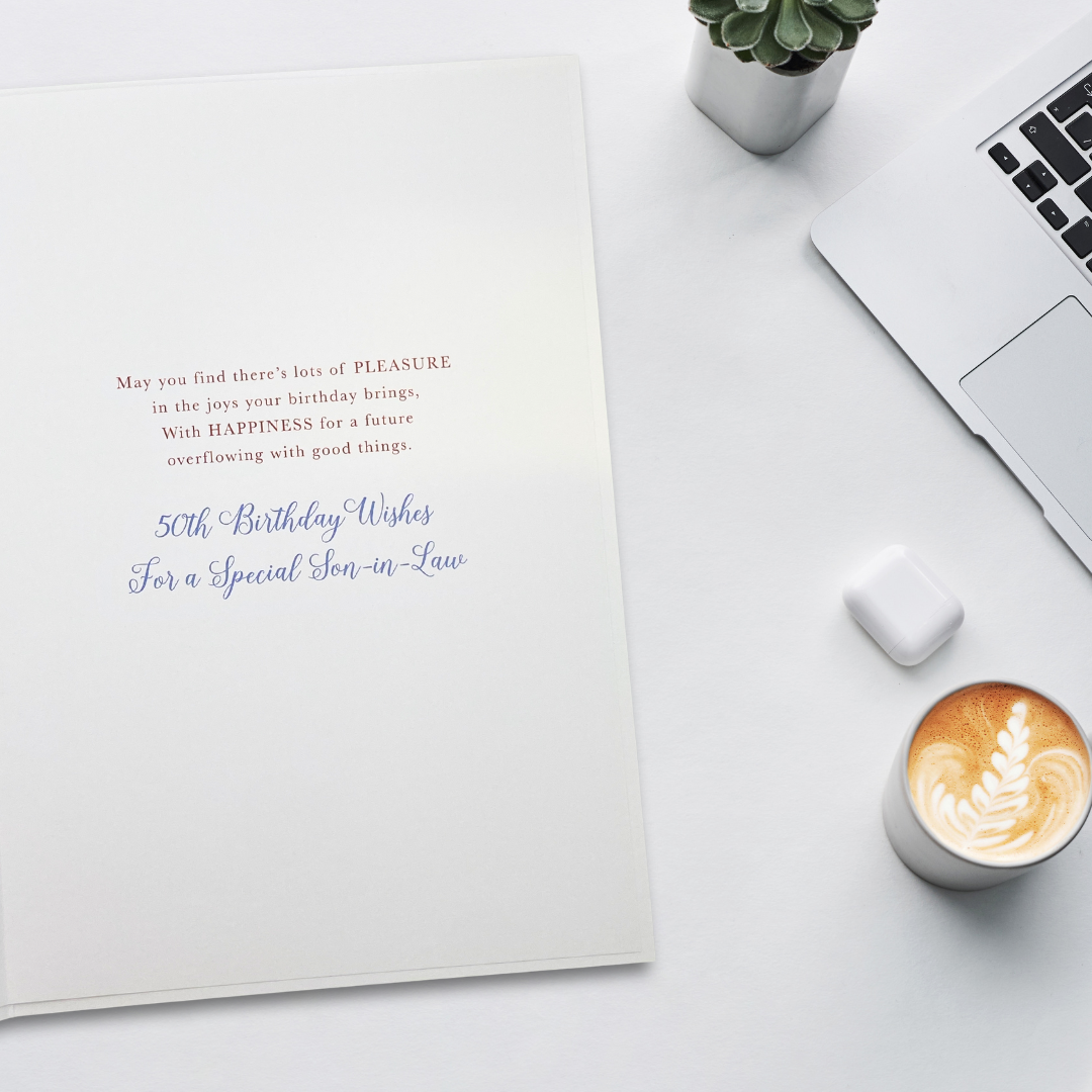 Son-In-Law 50th Birthday Card - Wine & Gifts